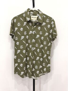 PYKNIC Olive Green Short Sleeve Shirt with White Skull and Dagger Print, Size M